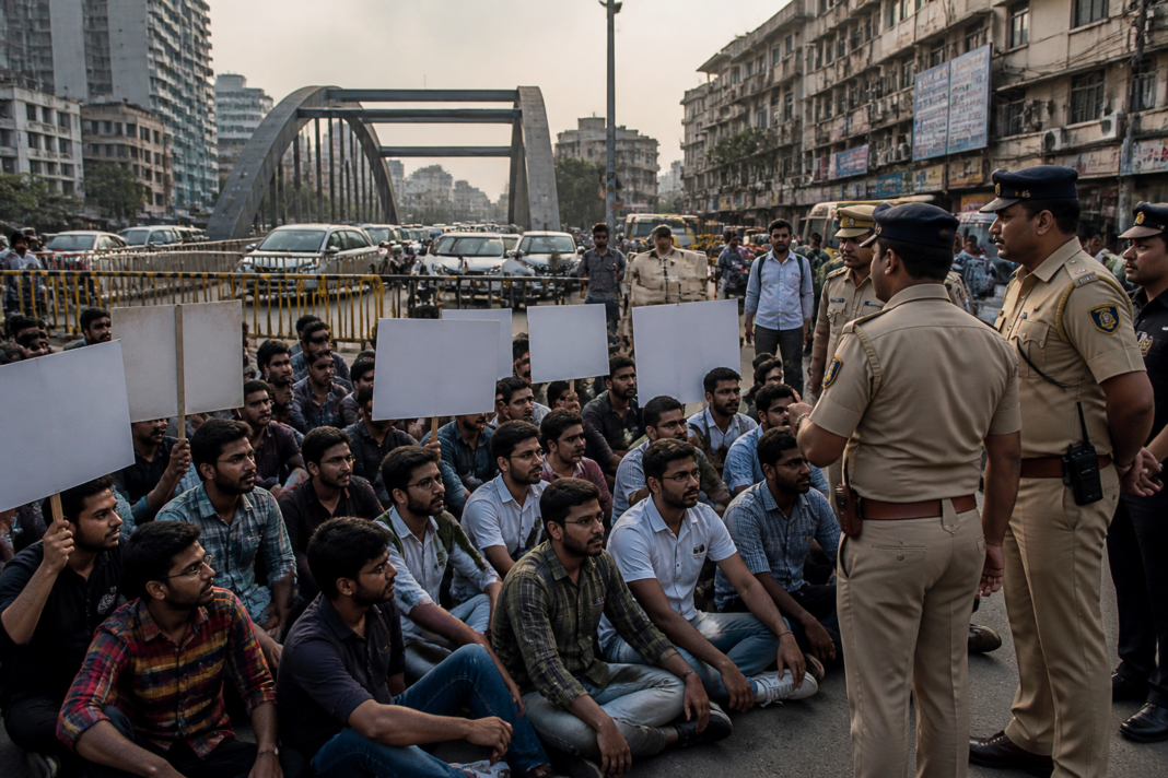 MPSC student protest near Pune's S M Joshi Bridge, with police and traffic diversions