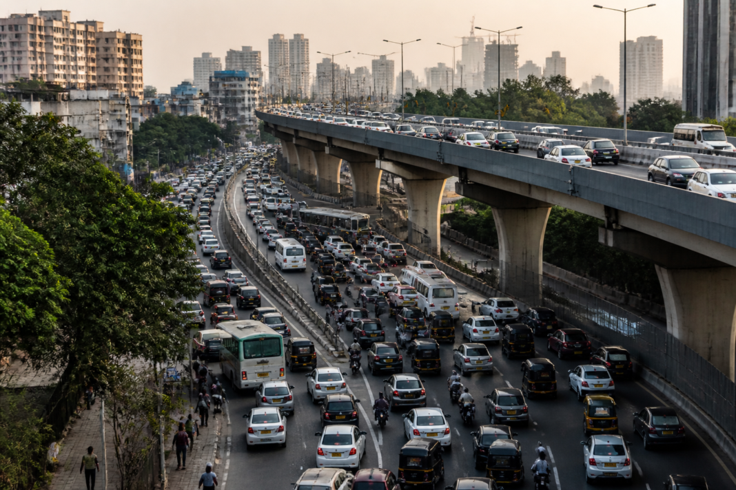 Urban road planning illustrated by traffic merging near an elevated corridor in an Indian city