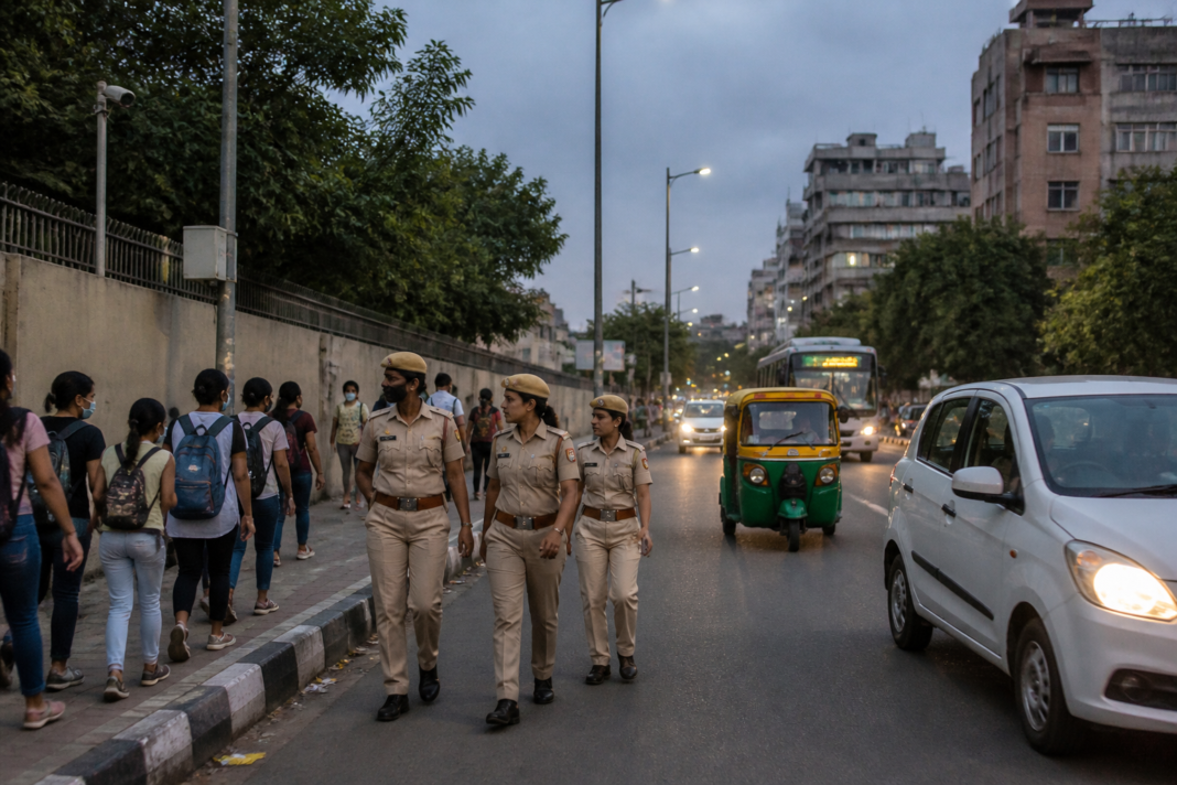 Delhi women's safety measures including police patrols near an educational institution and public transport vehicles.