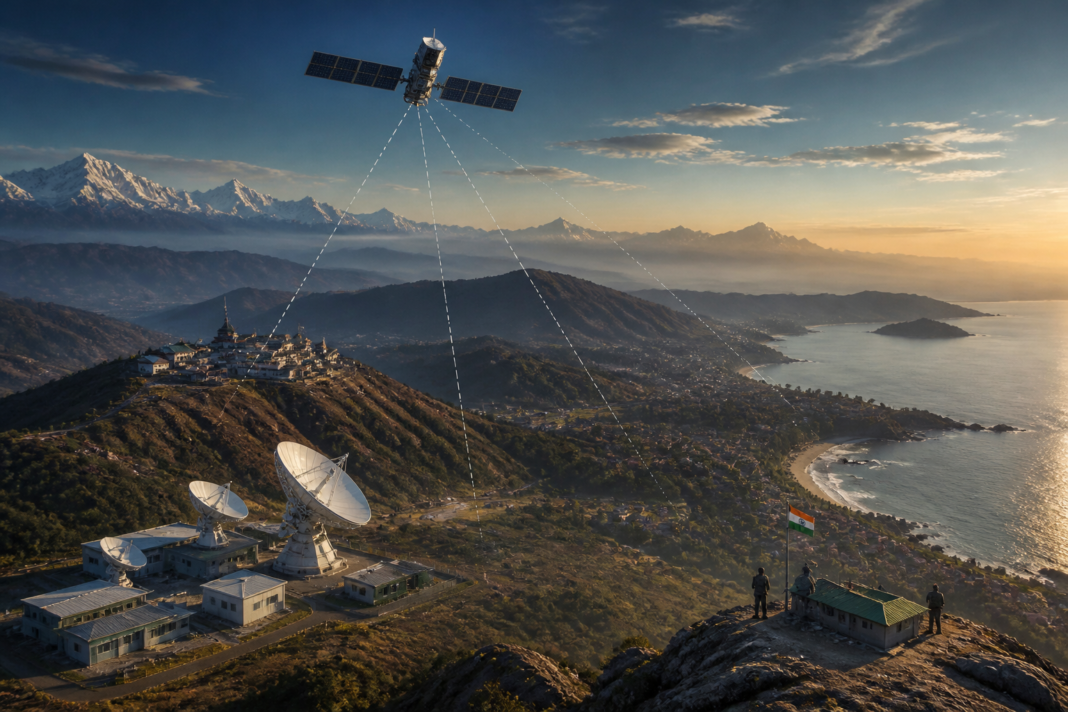 Jio satellite connectivity India plan illustrated by a satellite network over remote villages and maritime areas