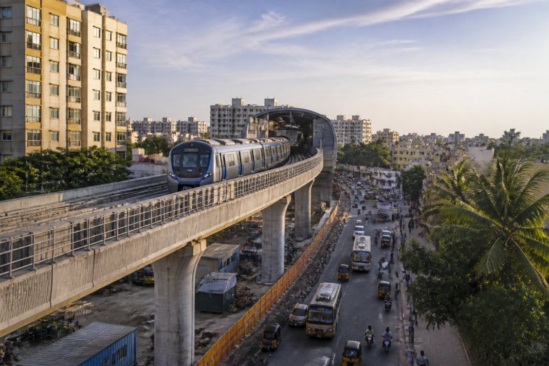Chennai Metro corridor construction and elevated viaduct connecting west Chennai suburbs