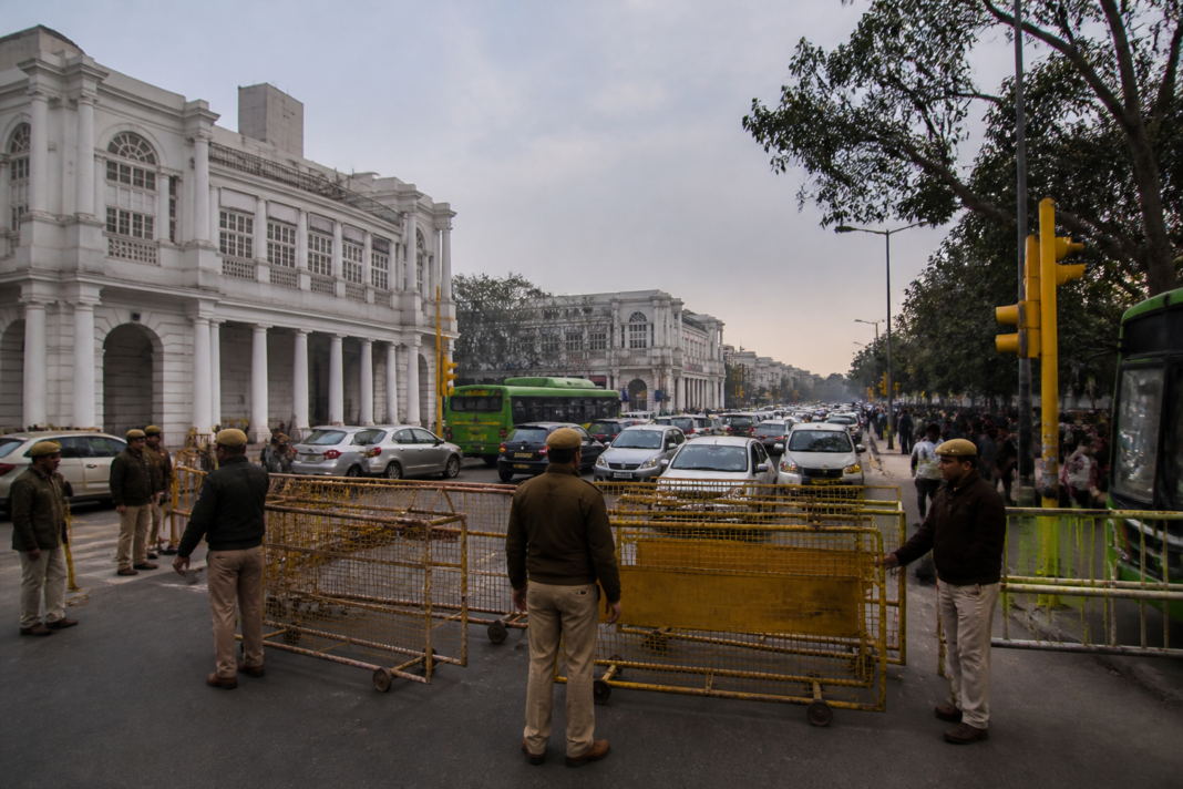 Connaught Place traffic restrictions with barricades and security personnel blocking central Delhi roads
