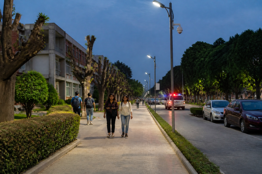 DU North Campus safety inspection near a university walkway with streetlights and CCTV cameras