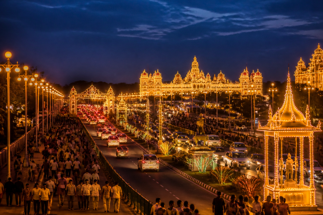 Mysuru Dasara illumination lighting roads and circles across the city at night