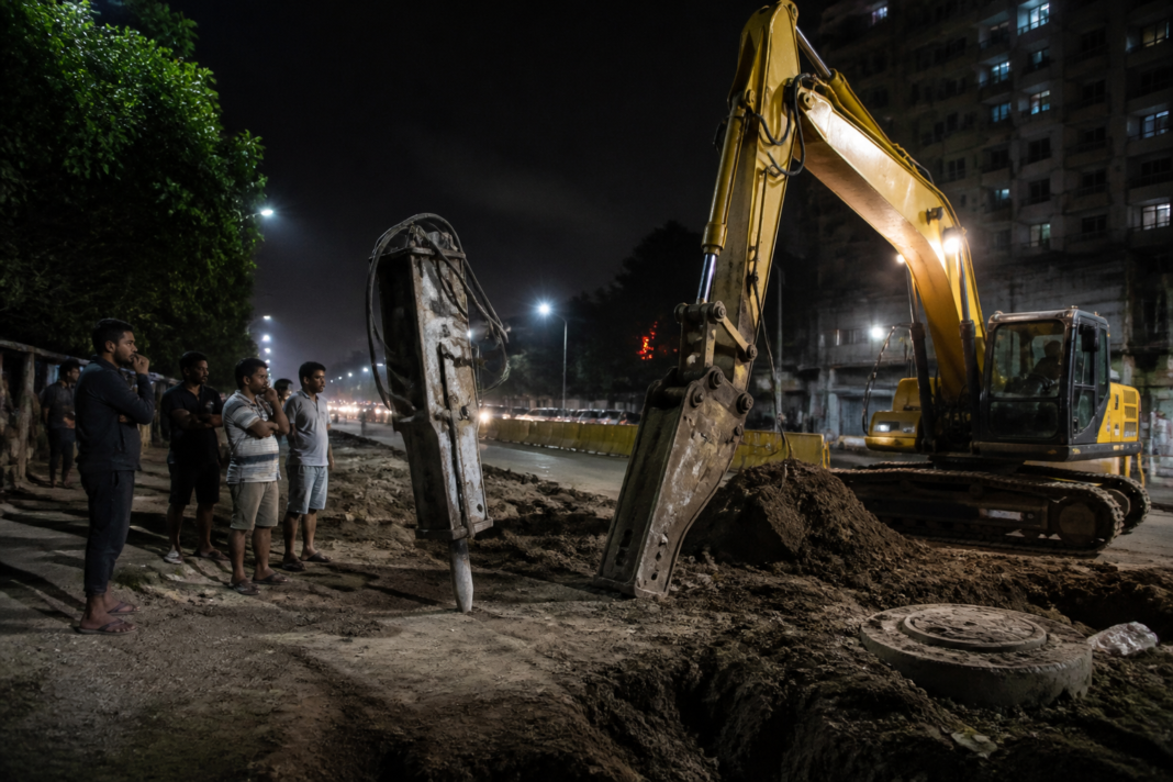 Katraj-Kondhwa road excavation equipment operating beside Pune homes at night