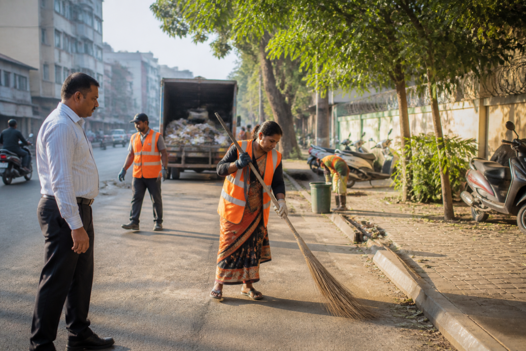 Pune PMC sweeping work on a city street under contractor monitoring