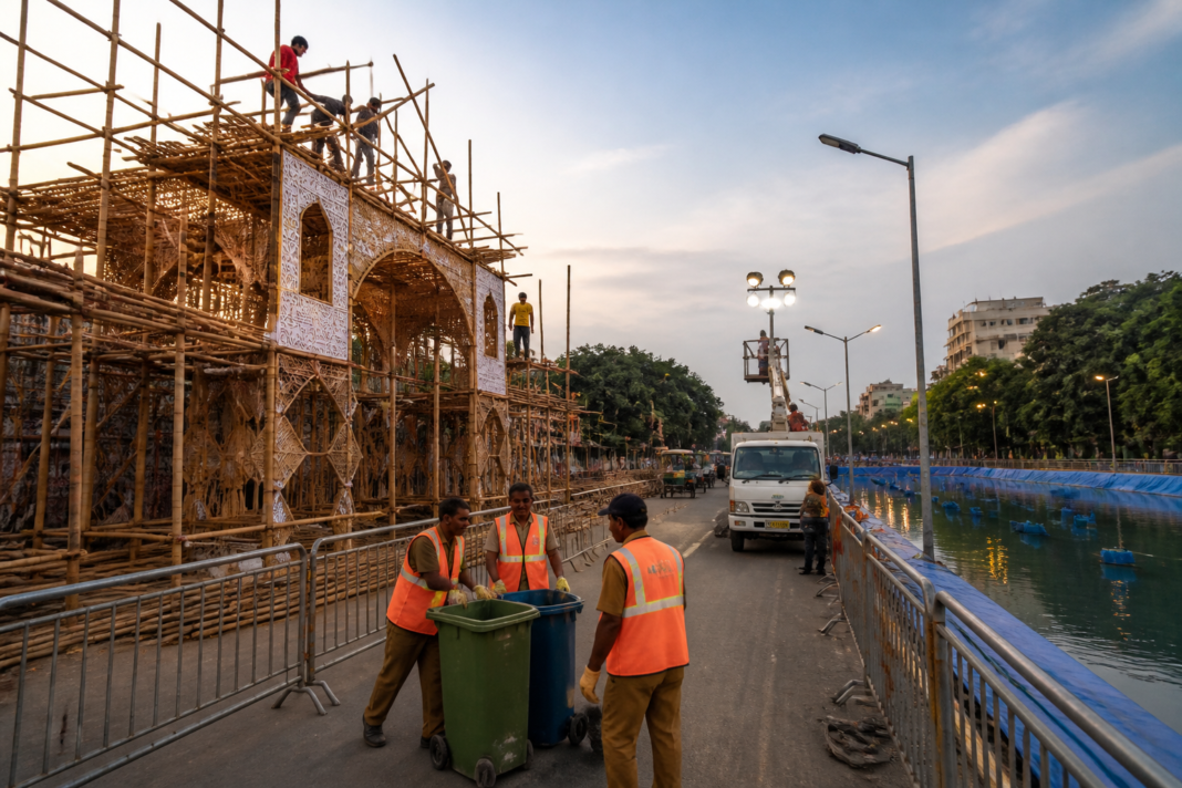 Bhubaneswar Durga Puja preparations with an eco-friendly pandal and civic workers cleaning a public area