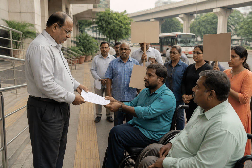 NPRD protest at Hyderabad RTC Bus Bhavan seeking free RTC travel for persons with disabilities
