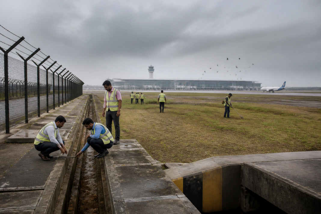 Noida International Airport airfield with drainage works and open surroundings managed for bird-strike safety.