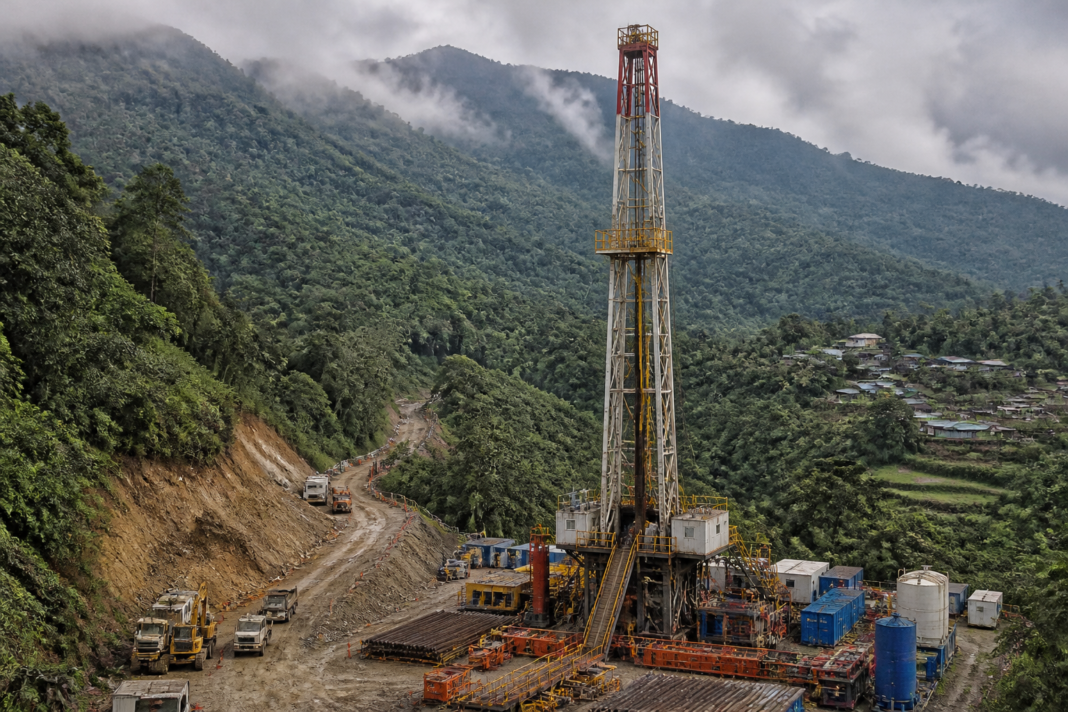 Mizoram hydrocarbon exploration area near Hortoki with roads and drilling infrastructure