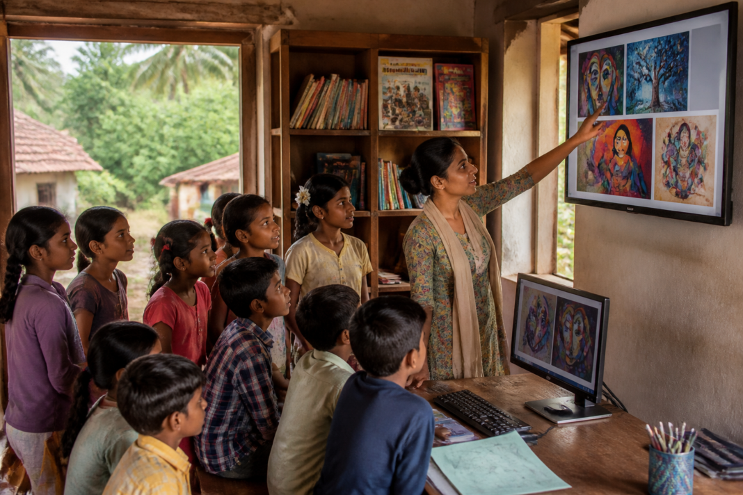 Free modern art education session for rural children at a Karnataka gram panchayat library