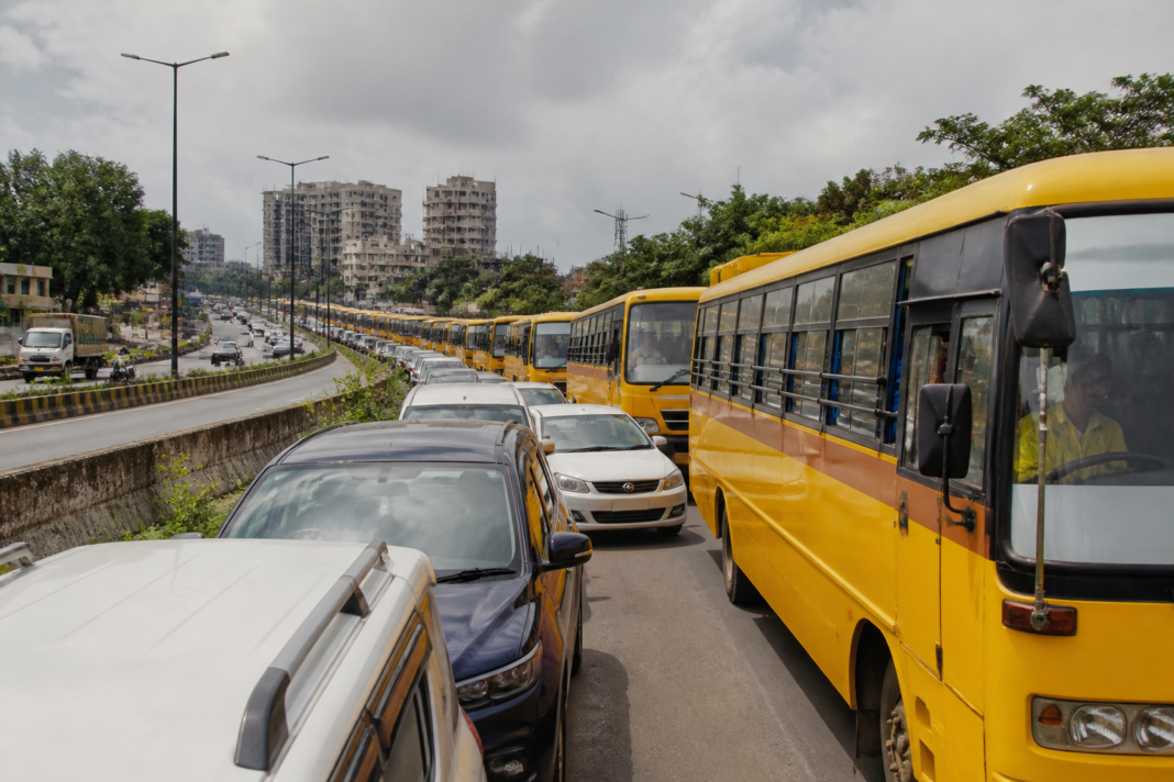 Bengaluru school traffic holding school buses on SH-35 near Dommasandra