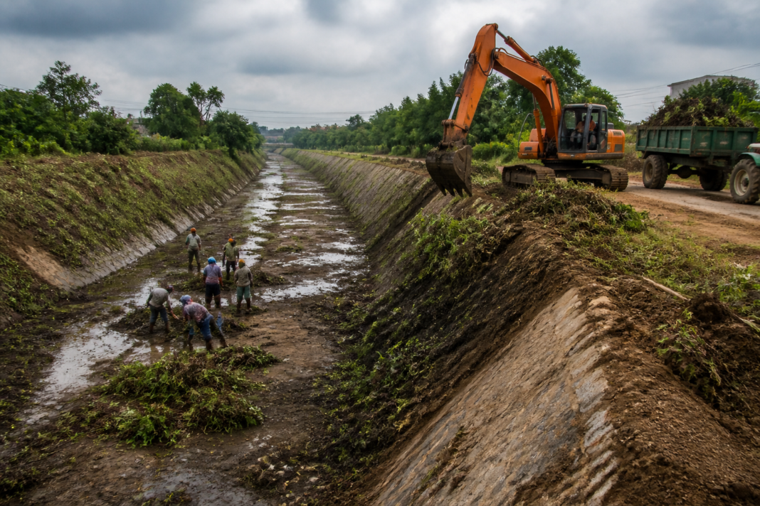 Krishna water supply Chennai canal being desilted near the Kandaleru-Poondi system