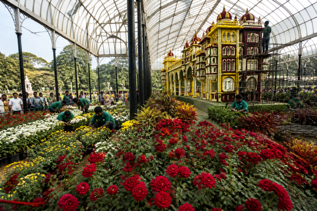 Mysuru Dasara flower show preparations with floral installations and ornamental plants at Kuppanna Park