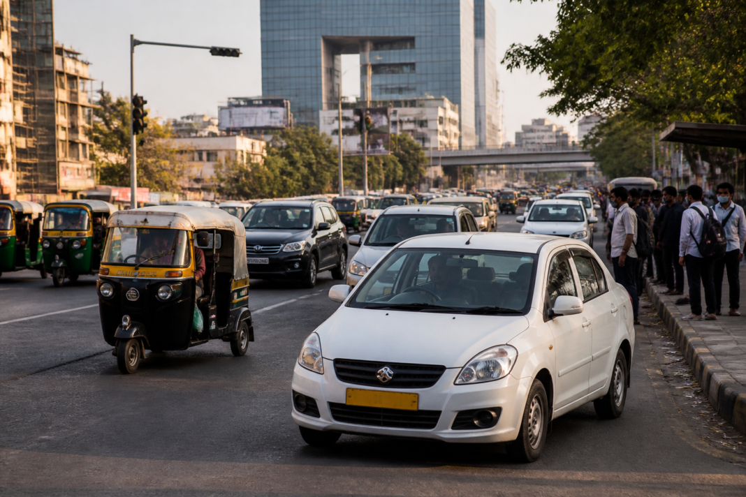 App-based cabs on a Gujarat city road as the state prepares minimum fare rules.