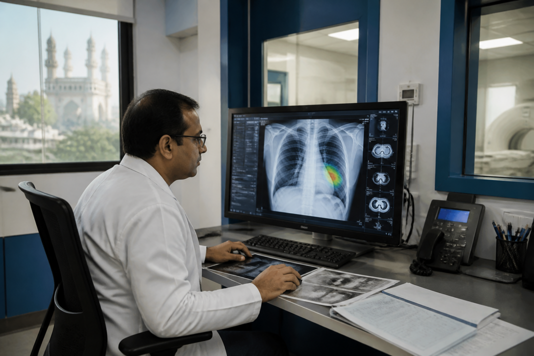 Medical AI diagnosis analysis on a chest X-ray beside a radiologist’s review