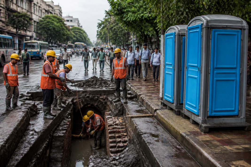 Kolkata portable bio-toilets and civic drainage work in a busy urban neighbourhood