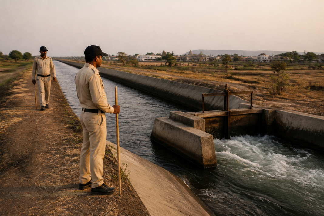 Shetfal Lake water supply canal watched by security guards in Pune district
