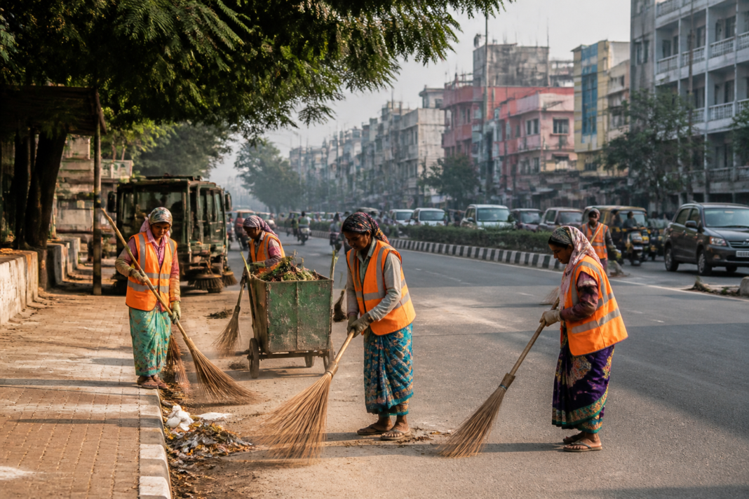 Pune sweeping contractors cleaning a municipal road beside accumulated waste