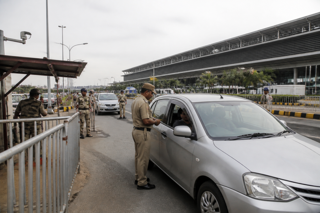 Chennai airport security personnel monitoring access ahead of PM Modi’s visit
