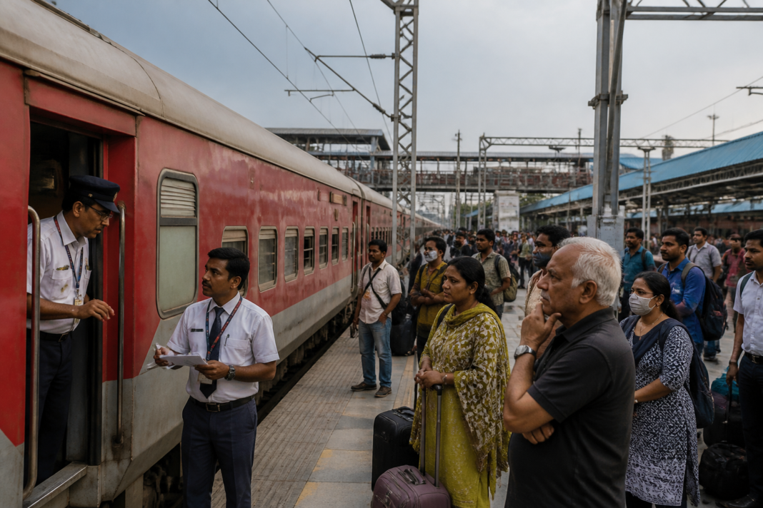 Ahmedabad Rajdhani Express at a railway platform before its reported cancellation.