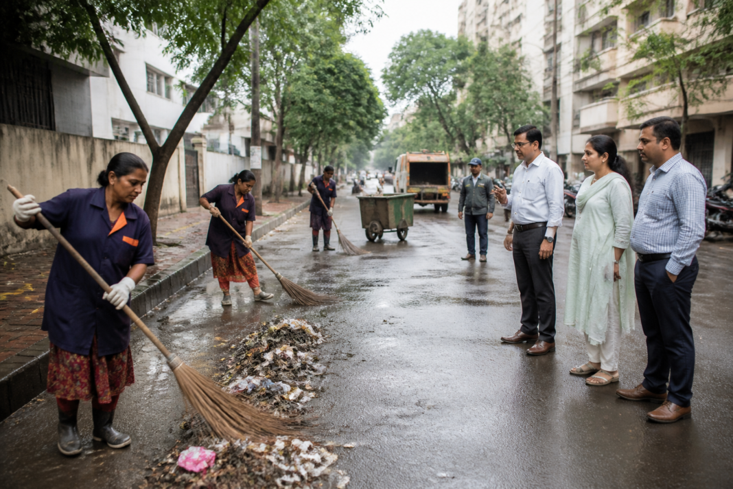 Pune municipal corporation cleaning contractors sweeping a city road during a civic inspection