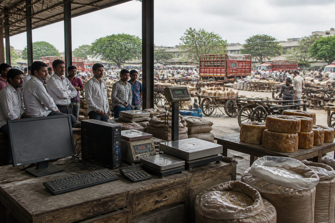 Pune Market Yard traders handling jaggery and grain during a power supply disruption