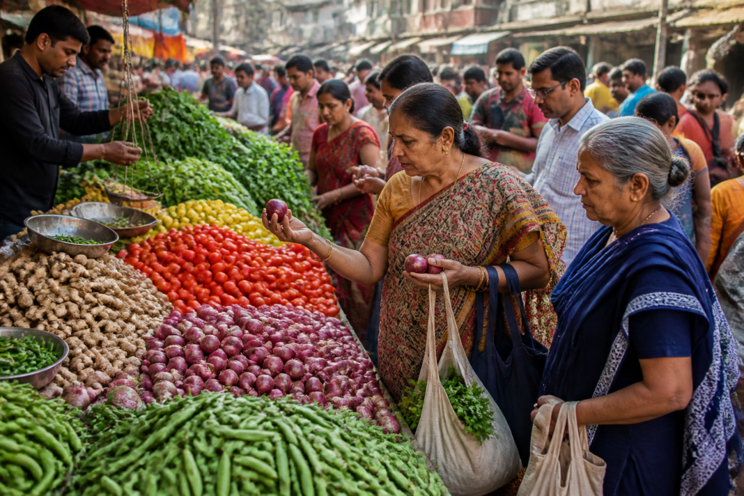 Ahmedabad vegetable prices displayed at a crowded urban retail market during Navratri