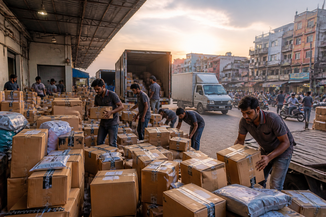 Festive e-commerce India deliveries moving through a tier-II city logistics hub