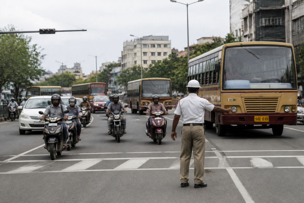 Road safety Chennai traffic scene with buses, two-wheelers and marked urban lanes