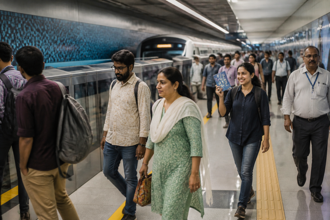 Mumbai Metro Aqua Line station and commuters during the corridor's first anniversary celebrations