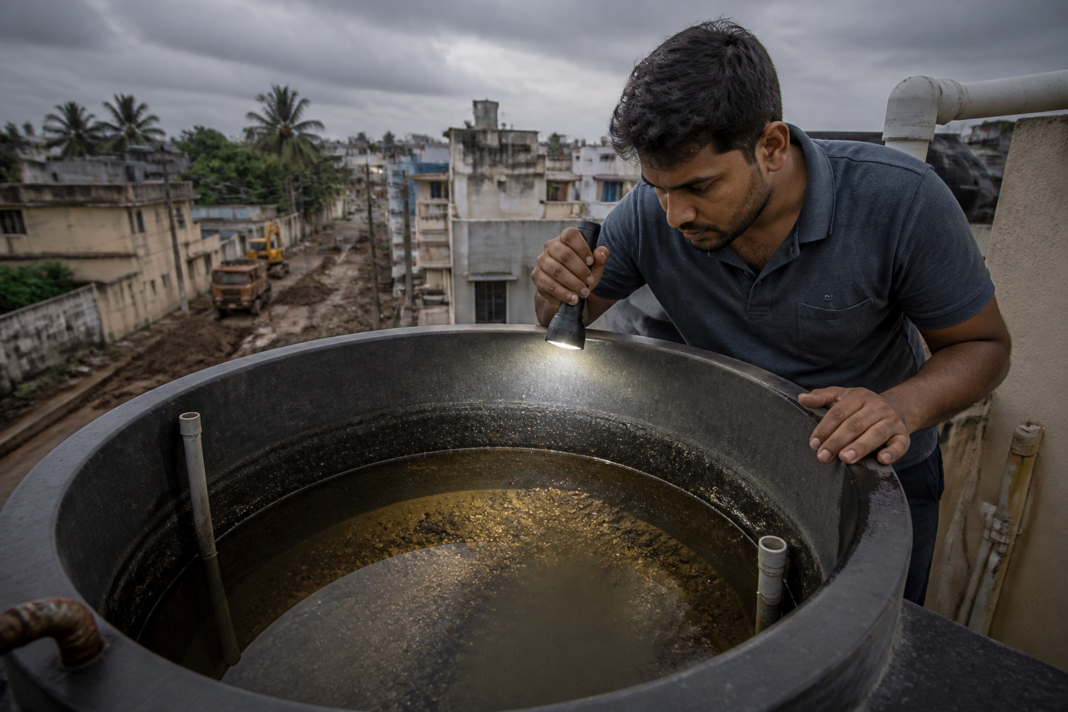Virugambakkam water quality concerns as black silt collects in a household water tank.