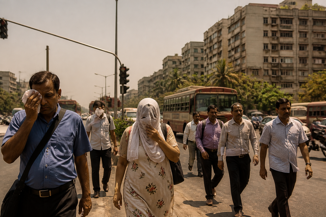 Mumbai heatwave conditions over a hot, humid city street under a bright October sky