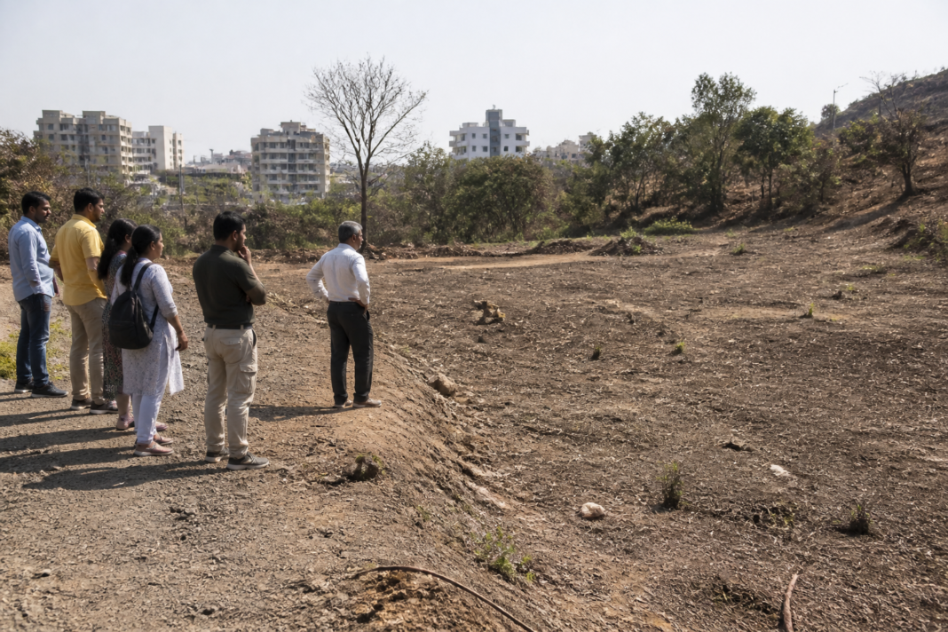 Pune Miyawaki plantation site on a dry hill with cleared vegetation and sparse urban surroundings