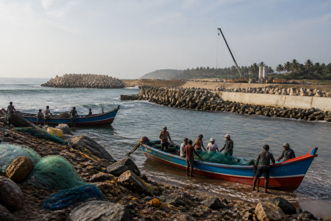Vizhinjam fishing harbour project with boats and coastal infrastructure in Kerala