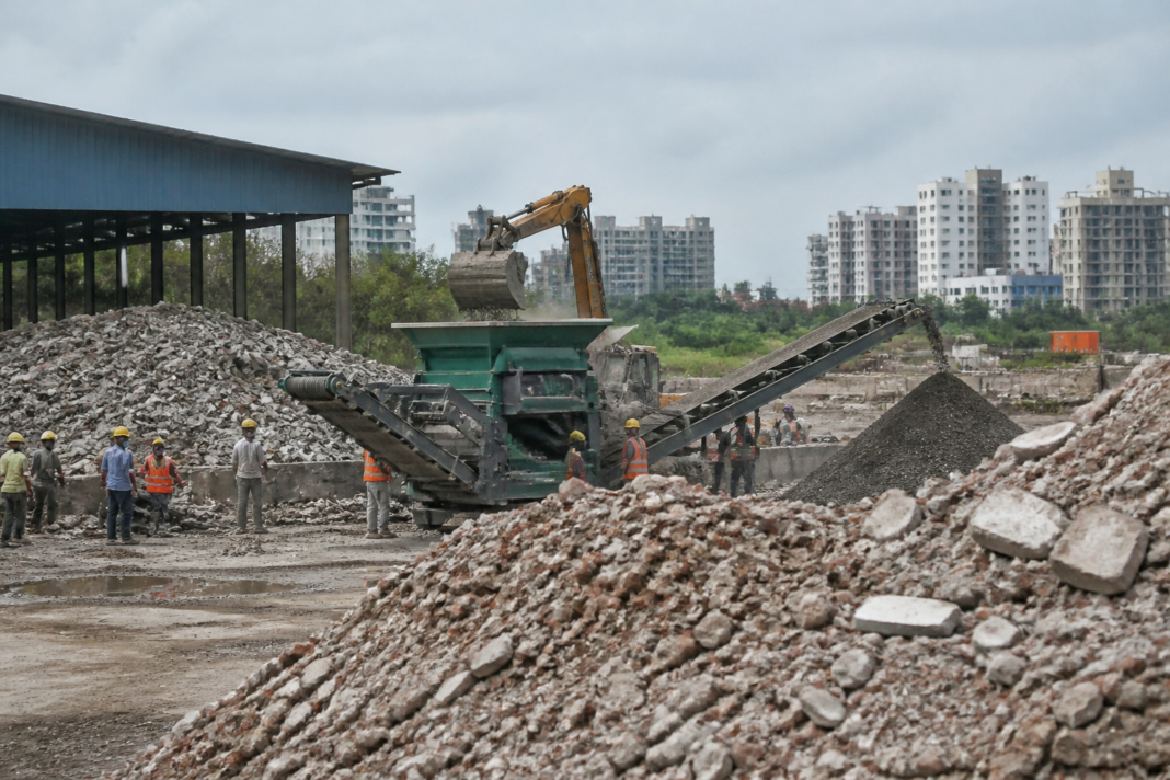 Construction waste being processed at a Chennai waste facility
