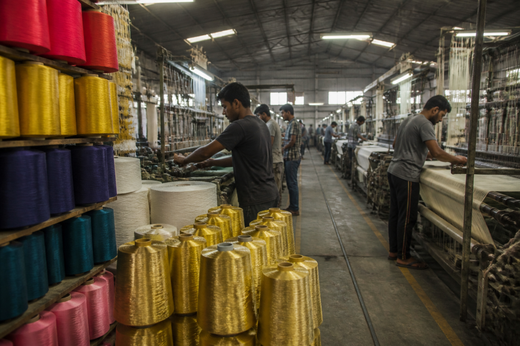 Surat textile industry workers and yarn spools inside a busy textile manufacturing unit