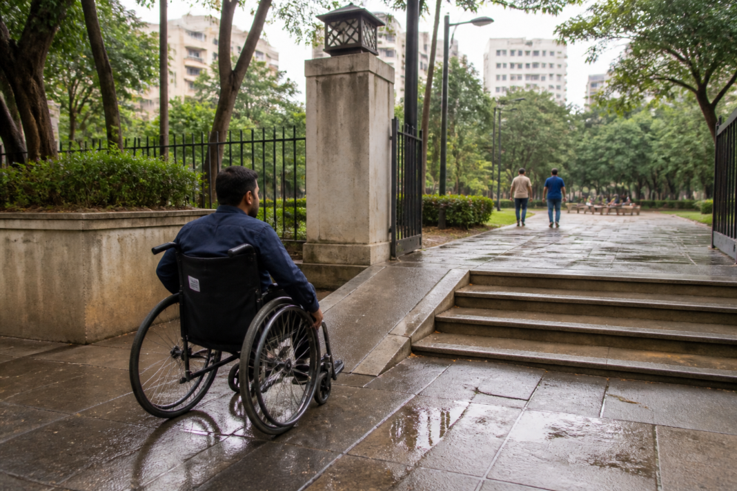 Bengaluru parks accessibility audit showing a wheelchair user at a public park entrance