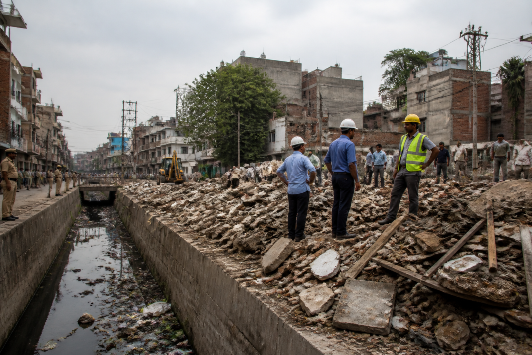 MCD encroachment removal clearing structures over a drain in Raghubir Nagar, Delhi