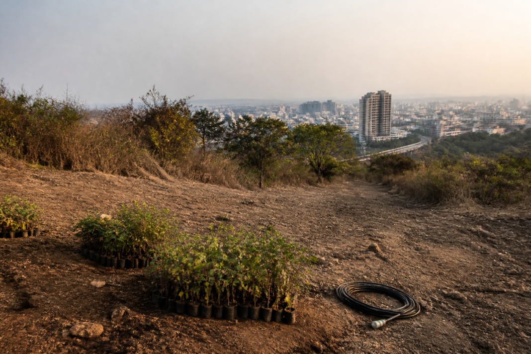 Pune Miyawaki plantation site on Kothrud hill with cleared vegetation and dry urban landscape