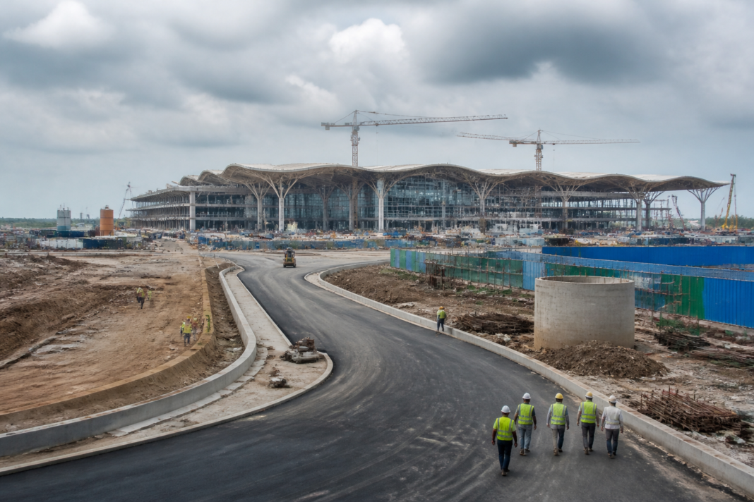 Jewar airport construction site and surrounding connectivity infrastructure in Uttar Pradesh