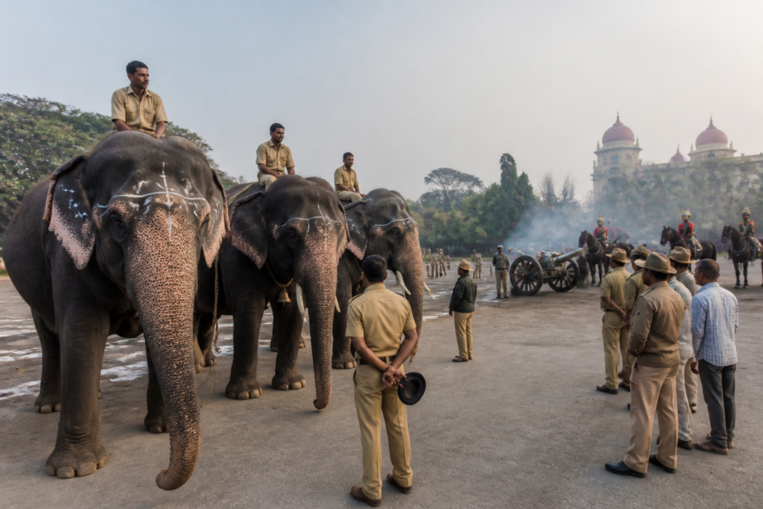 Mysuru Dasara elephant parade elephants during ceremonial cannon-fire training