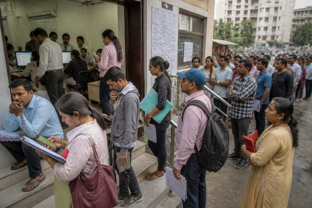 MHADA Pune housing lottery applicants waiting at a housing authority office during a server delay.