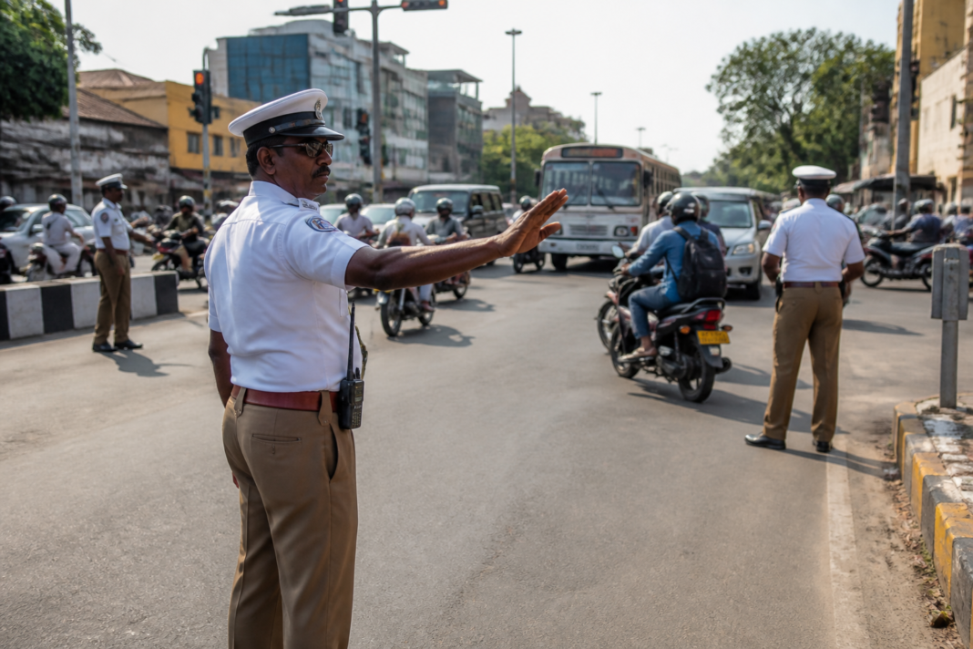 Chennai traffic police monitoring vehicles on a busy urban road