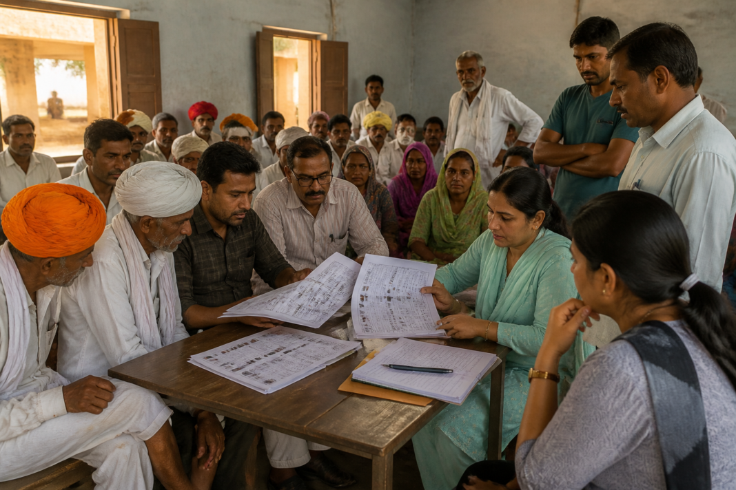 Rajasthan voter roll audit documents being reviewed during a public meeting