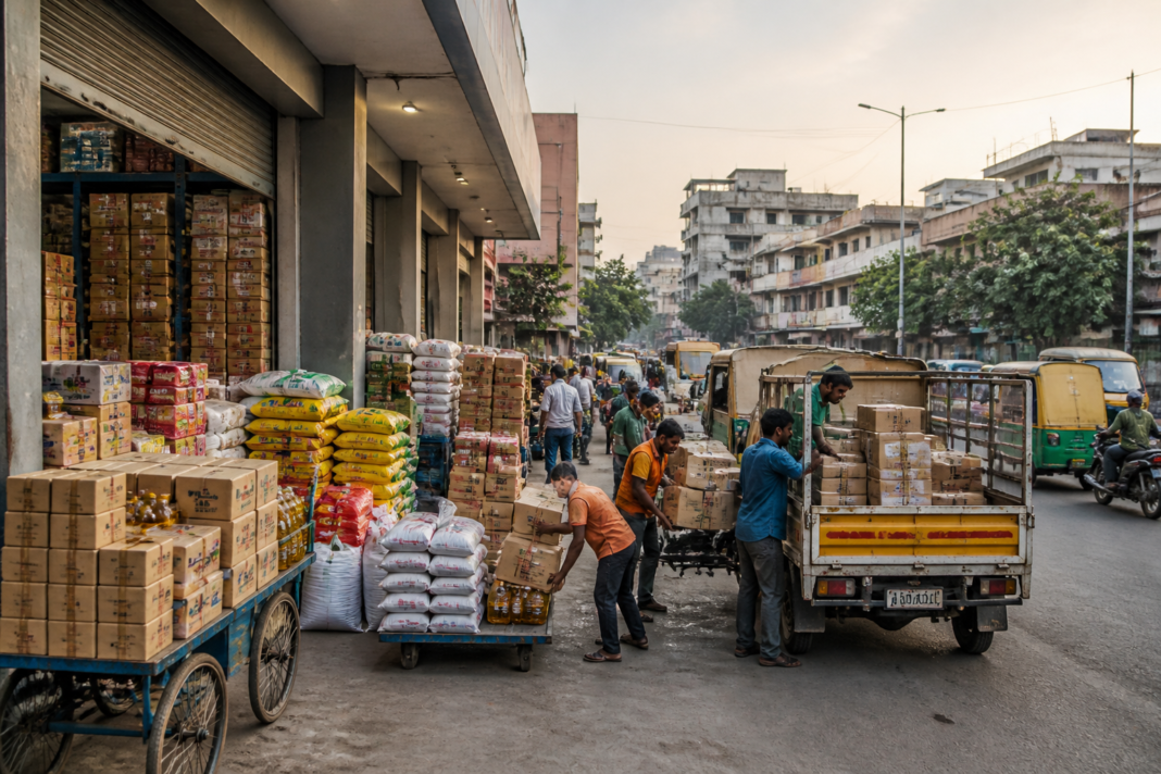 Udaan IPO story illustrated by a dense urban retail distribution hub in Bengaluru