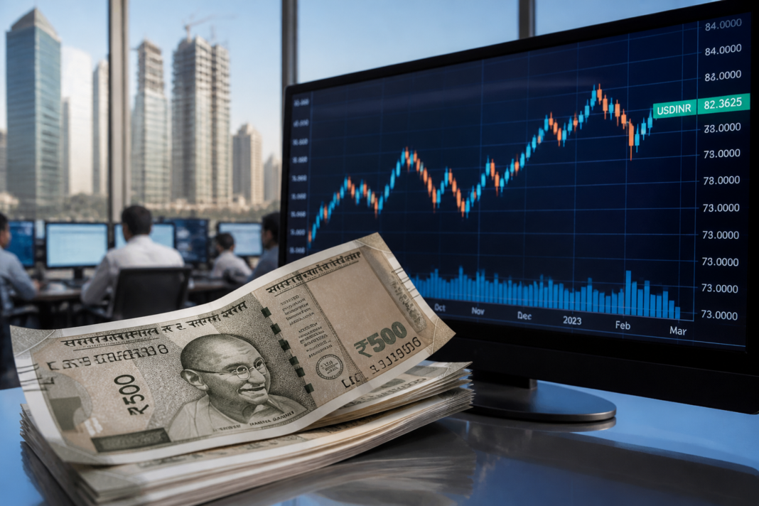 RBI rupee measures support the Indian rupee against the US dollar in a financial market graphic
