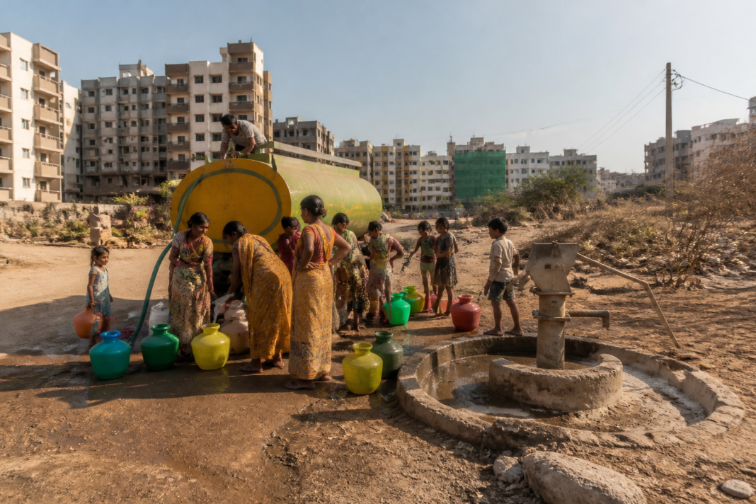 Hyderabad water crisis reflected by a dry borewell and municipal water tanker in a residential area