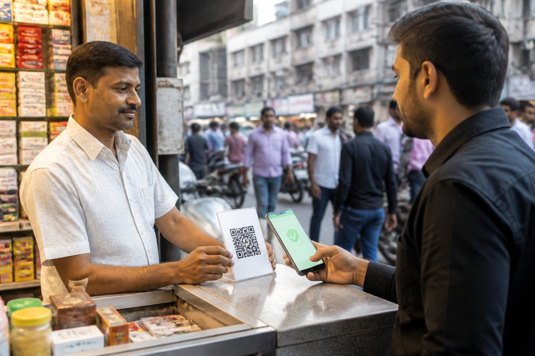 UPI MDR debate shown through a merchant scanning a digital payment QR code in India