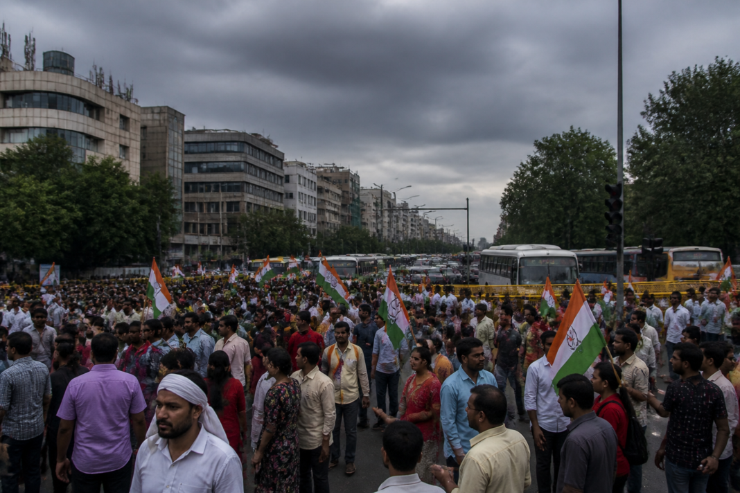 Delhi traffic halted by a crowded political march on Barakhamba Road in central Delhi